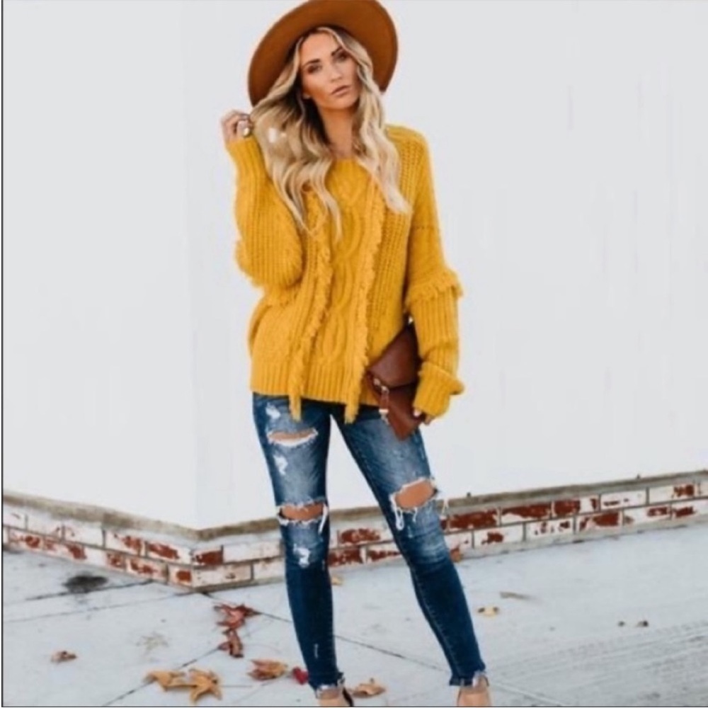 Fate Fontaine Fringe Cable Knit Sweater in Mustard yellow